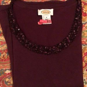 Talbots maroon beaded and sequined scoop neck sweater. 3/4 sleeve